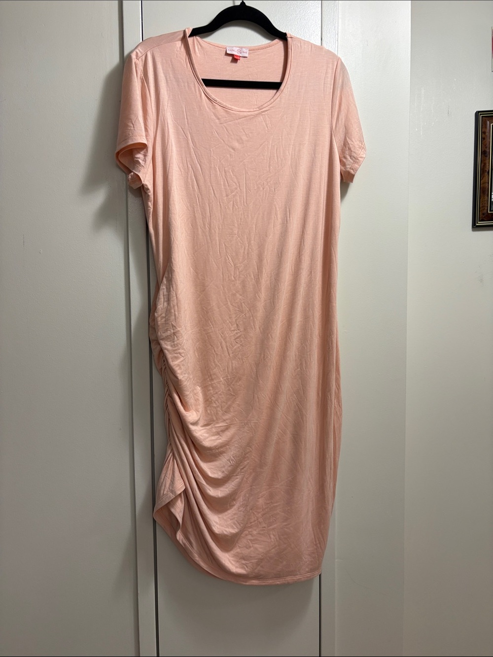 Hazel Mae Women’s Soft Peach Short Sleeve Ruched Side Dress NWOT